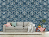 Vintage Non-Woven Photo Wallpaper Accent Wall Mural "Vintage Lotus Ornament on Dark Blue Background"