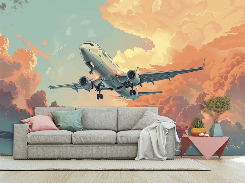 Vinyl Wallpaper Peel and Stick Comic Style Print Mural For Bedroom, Kids Room "Airplane Flying Through the Evening Sky"