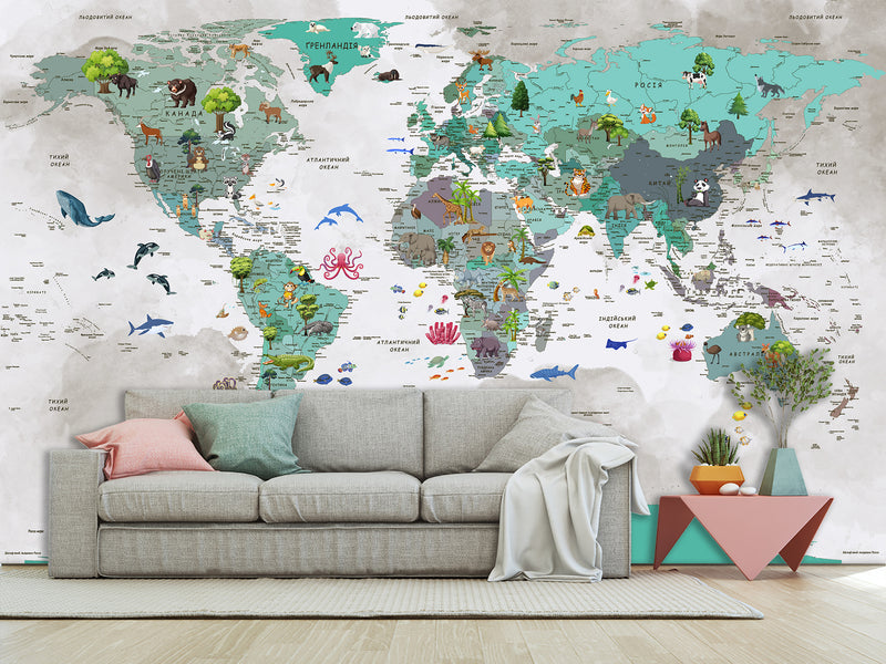 Peel and Stick Oracal film with the pattern “Children's map of the world”, decor for children's room