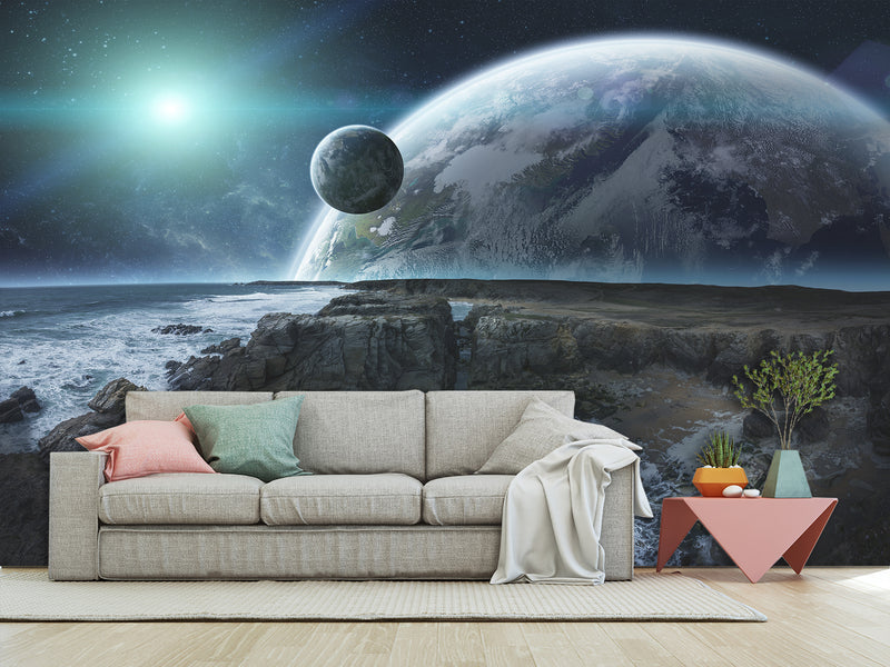 Non-Woven Wallpaper for Bed Wall in Bedroom Design Cosmic Planets 3D Mural