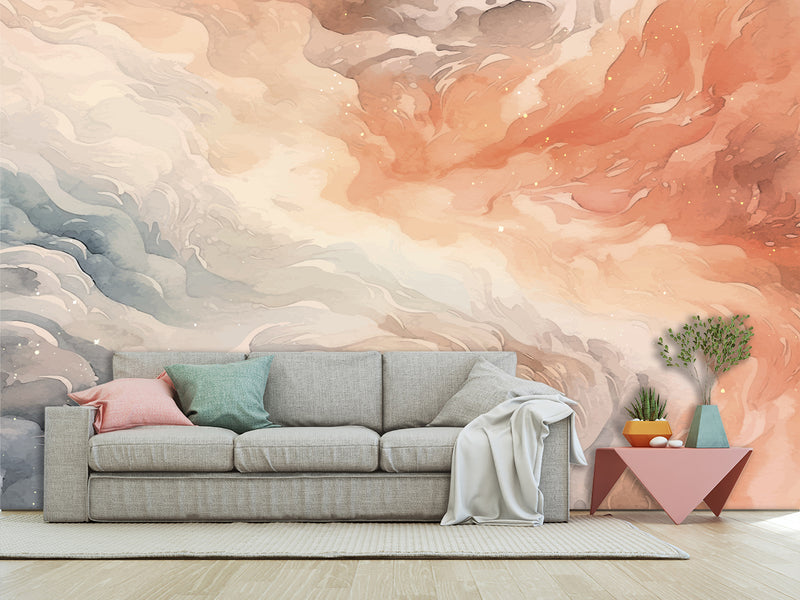 Print Abstraction On Wall Vinyl Wallpaper Peel and Stick For Bedroom Living Room "Pink Blue Waves"