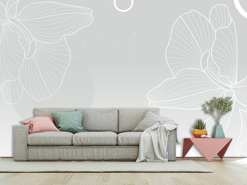 Modern Minimalist Style Non-Woven Wallpaper – "Flower Outline on Gray Background", Perfect for Bedroom or Living Room Desing