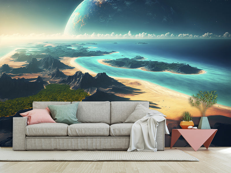 Fantastic Non-Woven Wall Murals “View of an Incredible Planet from the Beach” – Perfect for Bedroom or Living Room Design