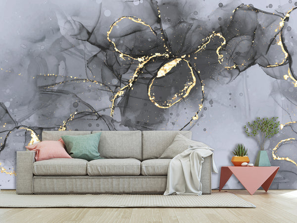 Abstract Style Full Wall Traditional Mural "Grey and Gold Blizzard" For Living Room, Relax Zone, Bedroom