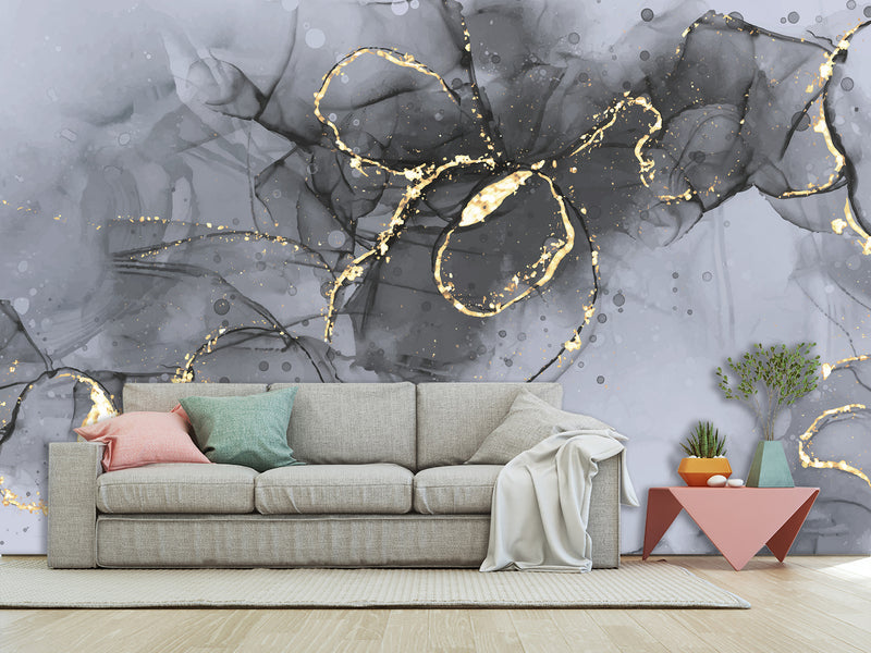 Abstract Style Full Wall Traditional Mural "Grey and Gold Blizzard" For Living Room, Relax Zone, Bedroom
