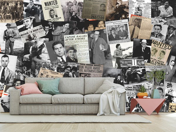 Peel and Stick vinyl Wall mural “Gangsters and the Mafia”, vintage wallpaper with images of criminal bosses" Wallpaper for For Office,  Home decor