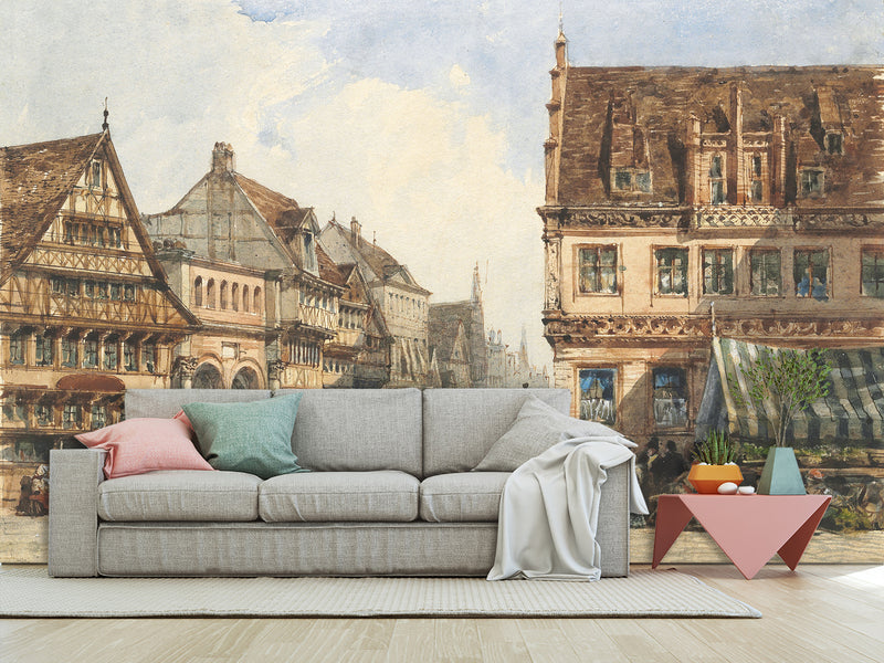 Traditional Full Wall Wallpaper – “William Wyld: A Street in Hanover” Living Room or Bedroom Print