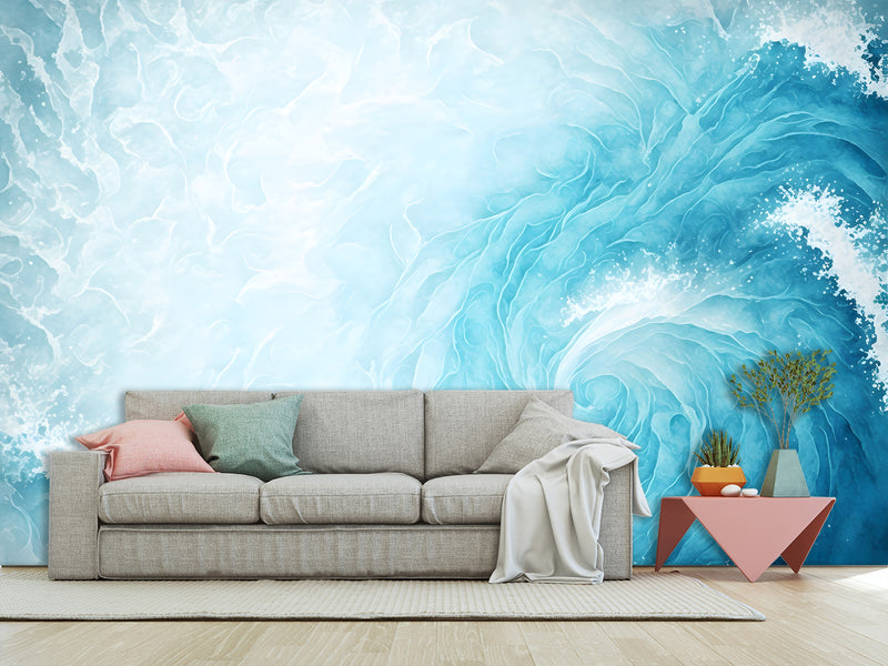 Abstract Self-Adhesive Wallpaper For Lounge Area, Relaxation, Bedroom 'Pastel Blue Wave Shape' Full-Wall 🌊