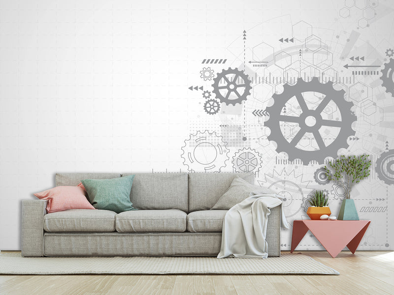 Peel and Stick Vinyl Wallpaper Schematic Gear Mechanism Design for Office Accent Wall Mural