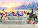 Wild West Art — Non-Woven Mural, Cowboys Watching a Herd of Horses, Wall Print for Office or Living Room