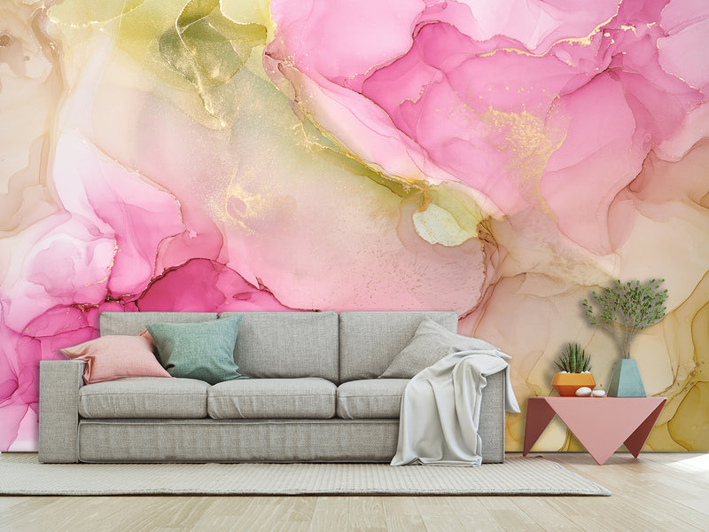 Pink and Green Abstract Intertwining. Self-Adhesive Wallpaper Art Print for Walls. Unique Abstraction Décor for Living Room or Hall "Abstract Flower Petal" 🌸
