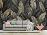 Natural Print Vinyl Wallpaper Peel and Stick For Living Room, Bedroom "Dark Chic: Abstract Leaves"