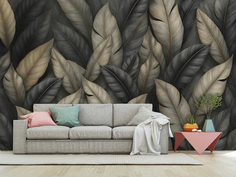 Natural Print Vinyl Wallpaper Peel and Stick For Living Room, Bedroom "Dark Chic: Abstract Leaves"