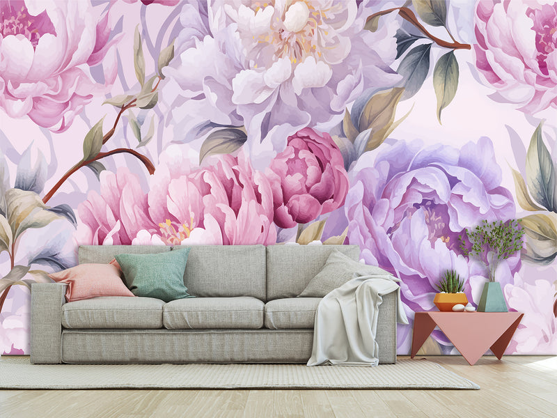 Floral Print Vinyl Wallpaper  Peel and Stick for Bedroom or Living Room – "Violet Peonies"