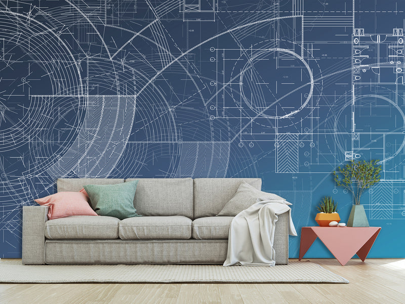 Peel and Stick Vinyl  Wall mural “Blueprint engineering " Wallpaper for For Office,  Home decor