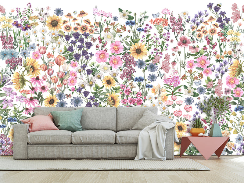 🌸Floral Print For Home Design Non-Woven Wall Murals "Watercolor Wildflowers" For Living Room, Creative Space, Bedroom 🌸