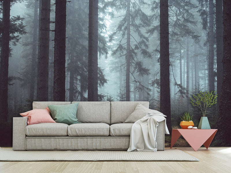 Stylish Wallpaper with Natural Print, Wall Mural for Home 'Forest in the Mist', Non-Woven Wall Mural with Design