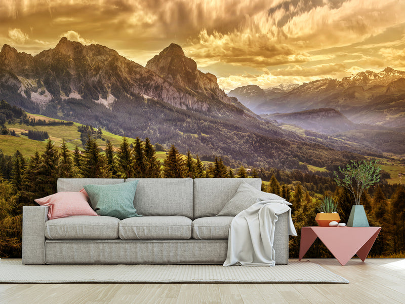 Traditional Full Wall Mural for Lounge or Bedroom – Mountains, Valleys, and Forest Landscape