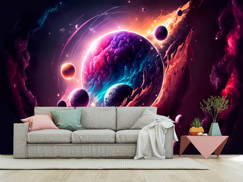 Self-Adhesive Vinyl Wallpaper Print for Office or Bedroom Planetary Dance in the Galaxy Peel & Stick Mural