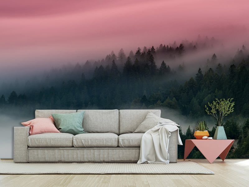 Peel & Stick Wall Mural – "Emerald Sky Over the Foggy Forest",  Vinyl Wallpaper For  Living Room, Bedroom, Or Stylish Home Interior Decor