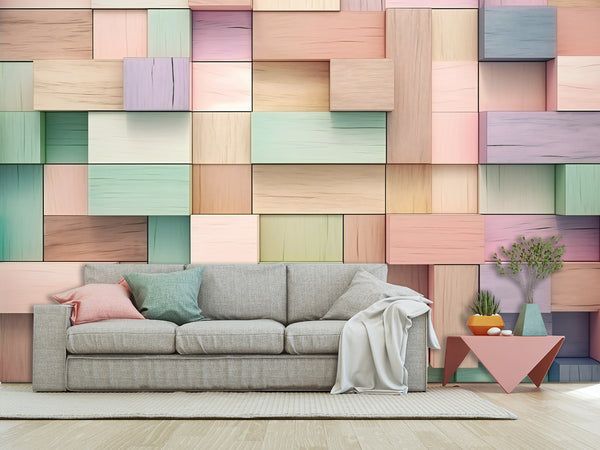 Calm Tone Wallpapers – Non-Woven Wall Murals, 3D Abstract Wallpaper "Colorful Wooden Cubes", Decor for Bedroom, Living Room, Kids' Room