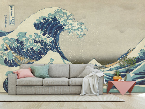 Non-Woven Full Wall Vintage Style Art Print Wallpaper, Japanese Style "The Great Wave Off Kanagawa"
