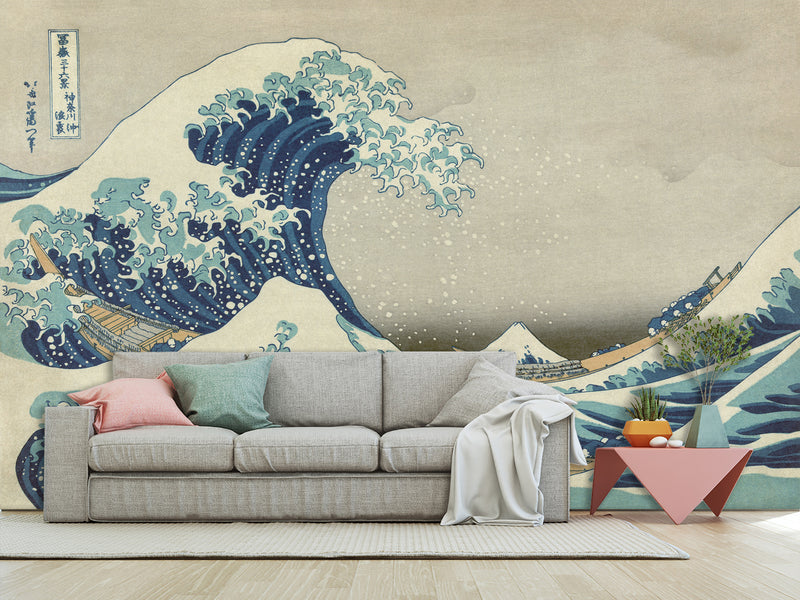 Non-Woven Full Wall Vintage Style Art Print Wallpaper, Japanese Style "The Great Wave Off Kanagawa"