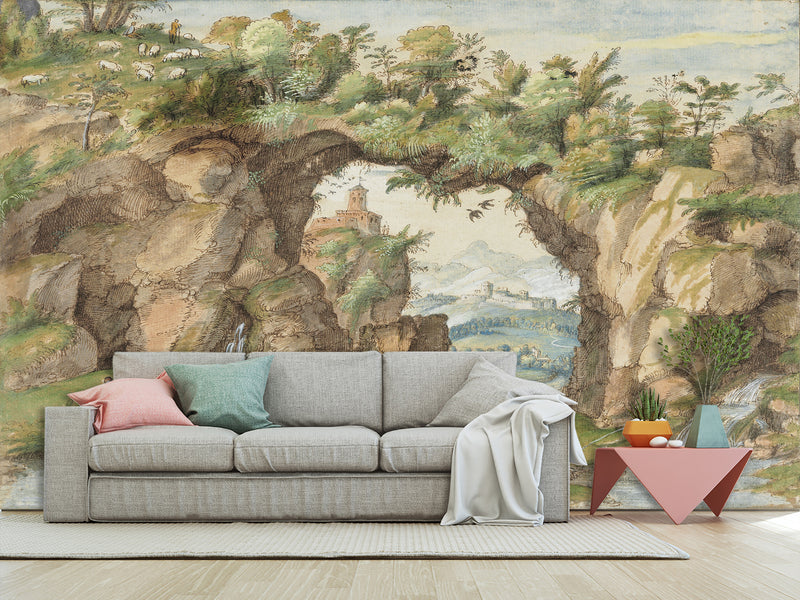 Non-Woven Art Wallpaper – “A Rocky Arch by a Stream” by Gherardo Cibo – Wall Mural for Living Room, Bedroom & Office
