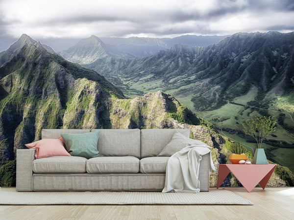 Motivational Art Print for Relaxation, Vinyl Wallpaper Peel and Stick Mural for Living Room 'Mountains from Above', 3D Wall Mural