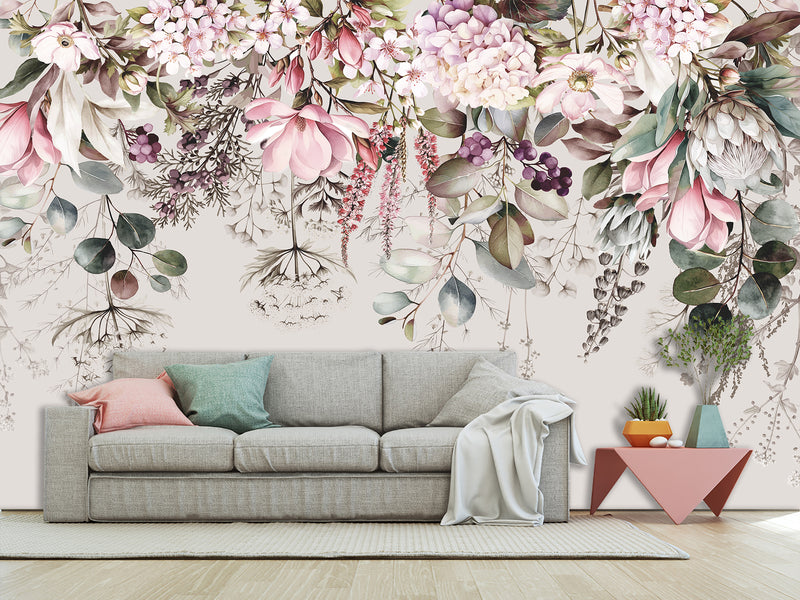 Floral Print Non-Woven Wallpaper – "Delicate Pink and White Flowers", Stylish Wall Mural for Home Interior