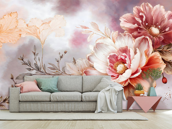 Floral Print Pastel Tones Self-Adhesive Wallpaper For Entire Wall, Vintage Theme "Floral Art", For Living Room, Bedroom, Relaxation Area 🌸