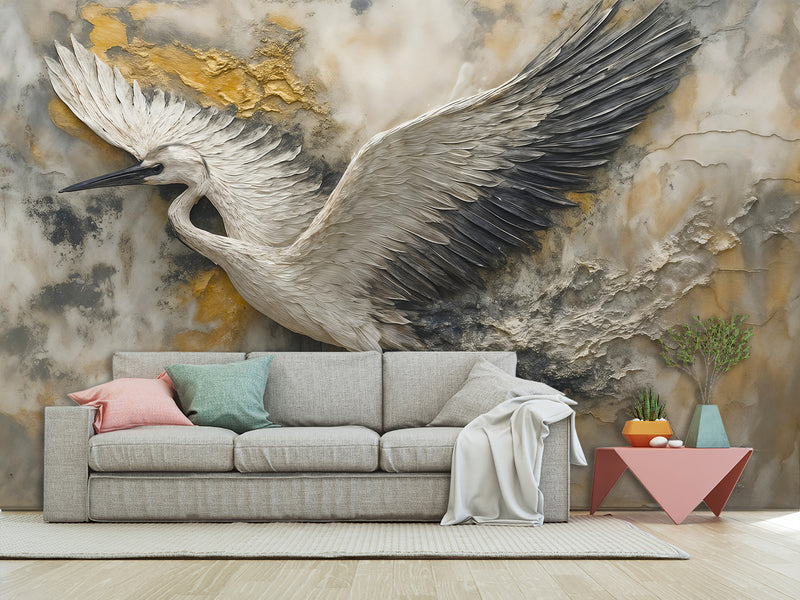 Non-Woven Wallpaper with Art Print "Flight of the Stork" — Artistic Wall Mural for Home Interior