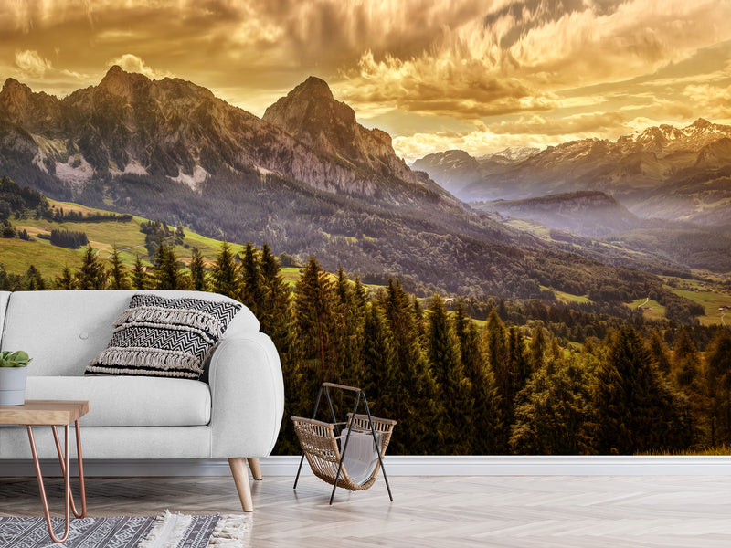 Traditional Full Wall Mural for Lounge or Bedroom – Mountains, Valleys, and Forest Landscape