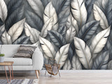 High-Quality Nature Print Self-Adhesive Wallpaper – Wall Print Mural for Bedroom, "Silver Leaves: A Play of Light and Shadow"