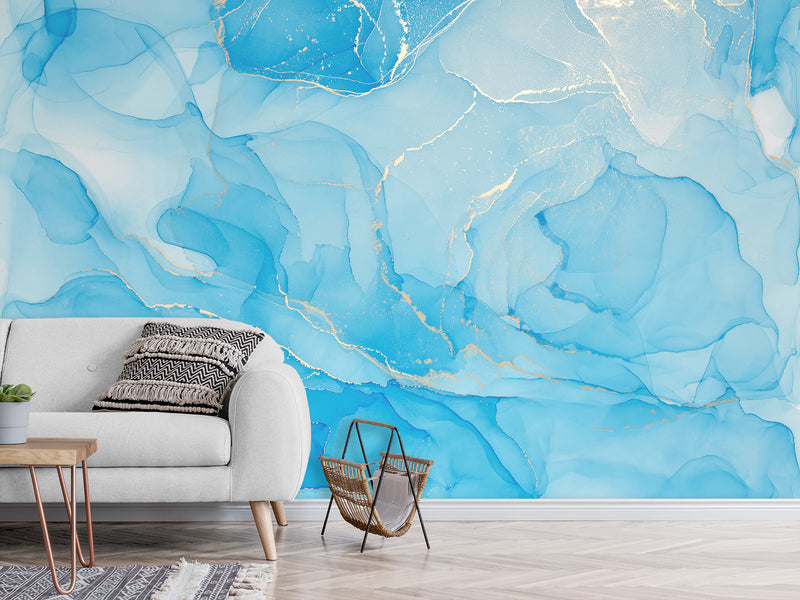 Vinyl Wallpaper Peel and Stick Abstract Wallpaper for Apartment Design Full-Wall Mural for Living Room and Hall "Intertwining of Blue and Gold" ✨