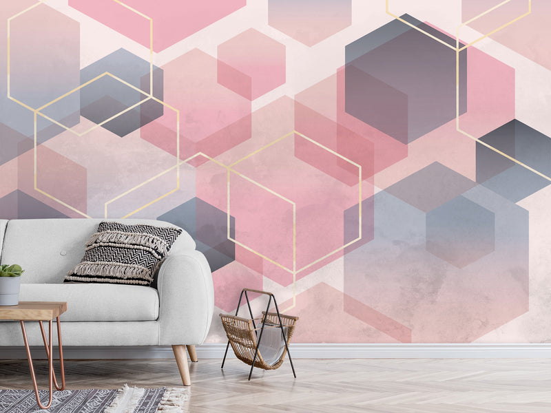 Abstract Modern Non-Woven Wall Mural 'Pink Honeycombs', Decor for Office, Bedroom, Living Room