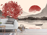 🌅"Watercolor Japanese Sumi-e Style With Minimalist Touch Self-Adhesive Wallpaper For Cozy Living Room, Bedroom, Home Gym "Japanese Sunset" 🌅