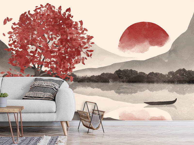 🌅"Watercolor Japanese Sumi-e Style With Minimalist Touch Self-Adhesive Wallpaper For Cozy Living Room, Bedroom, Home Gym "Japanese Sunset" 🌅