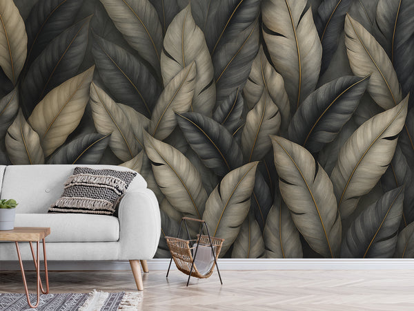 Natural Print Vinyl Wallpaper Peel and Stick For Living Room, Bedroom "Dark Chic: Abstract Leaves"