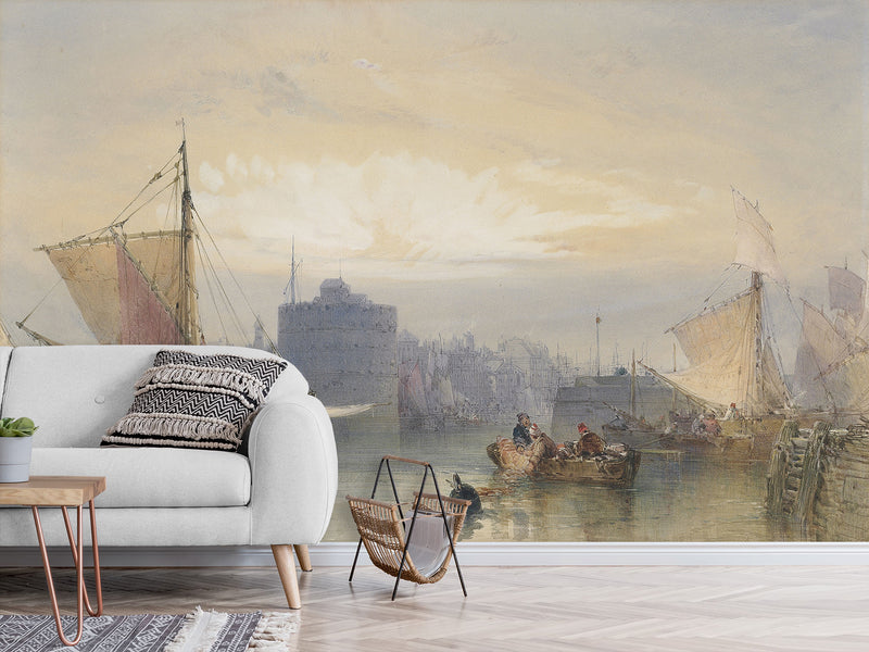 Self-Adhesive Wall Mural Full Wall Accent Wallpaper for Living Room or Bedroom Design "Fishing Boats Waiting for the Tide, Port of Havre"
