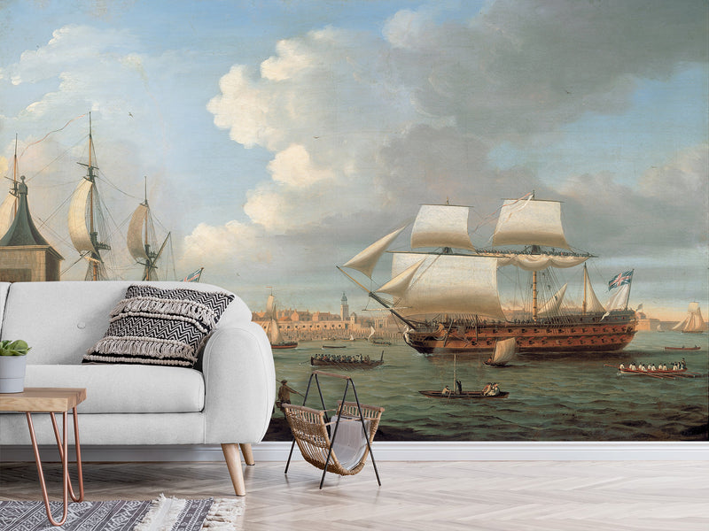 Vintage High-Quality Self-Adhesive Wall Murals for Living Room, Bedroom, and Home Office, In-House Production, Vintage Style "Sailing Era Sea Port"