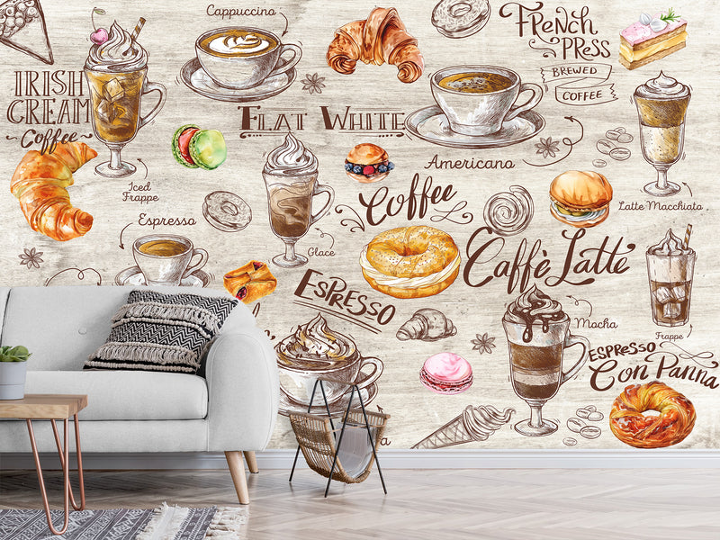 Modern Non-Woven Mural Wallpaper, Vibrant Full-Wall Mural for Kitchen or Café Decor “Coffee and Dessert”