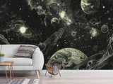 Vinyl Wallpaper Pell and  Stick Print For Living Room Or Bedroom, Full-Wall Design Mural “Cosmic Motion: Planets And Stars” — Perfect For An Accent Wall