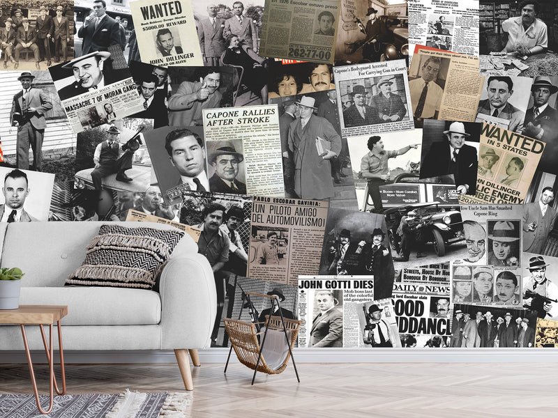 Peel and Stick vinyl Wall mural “Gangsters and the Mafia”, vintage wallpaper with images of criminal bosses" Wallpaper for For Office,  Home decor