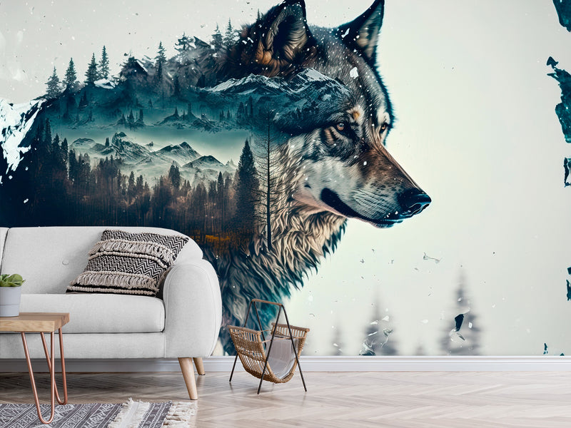 Peel and Stick Double Exposure Wolf and Forest – Wall Decor for Bedroom, Living Room, or Office