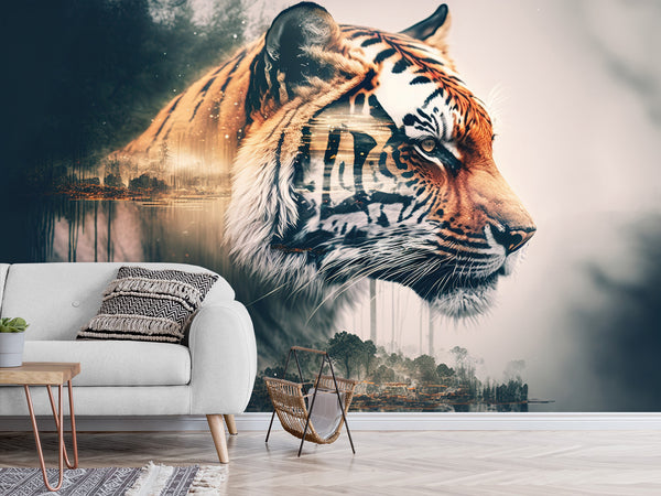Traditional Wall Mural – “Striped bengal tiger in the forest” – Home Decor for Living Room & Bedroom