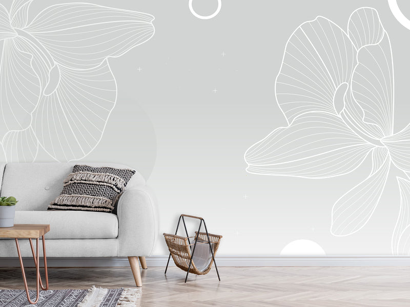 Modern Minimalist Style Non-Woven Wallpaper – "Flower Outline on Gray Background", Perfect for Bedroom or Living Room Desing