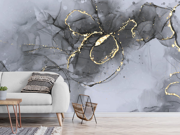 Abstract Style Full Wall Traditional Mural "Grey and Gold Blizzard" For Living Room, Relax Zone, Bedroom