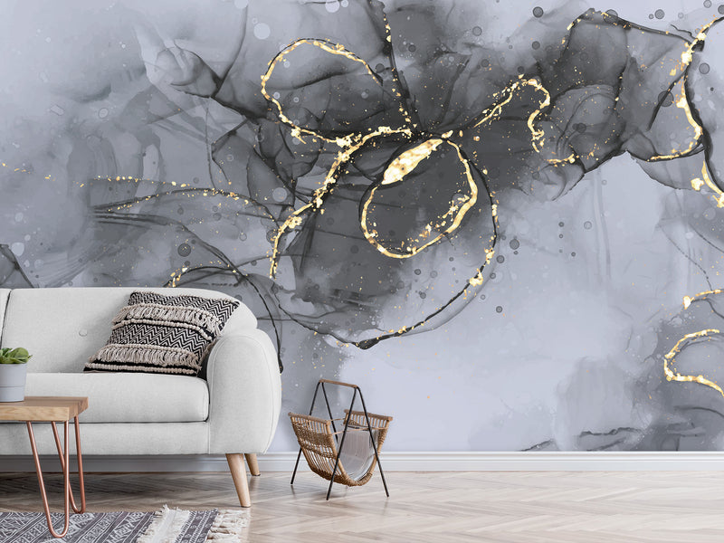 Abstract Style Full Wall Traditional Mural "Grey and Gold Blizzard" For Living Room, Relax Zone, Bedroom