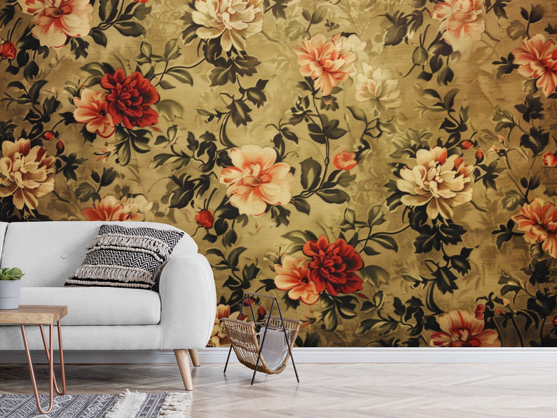 Non-Wowen Mural Full Wall Vintage Floral Composition Print – Classic Flower Arrangement Wall Art For Living Room Or Home Office